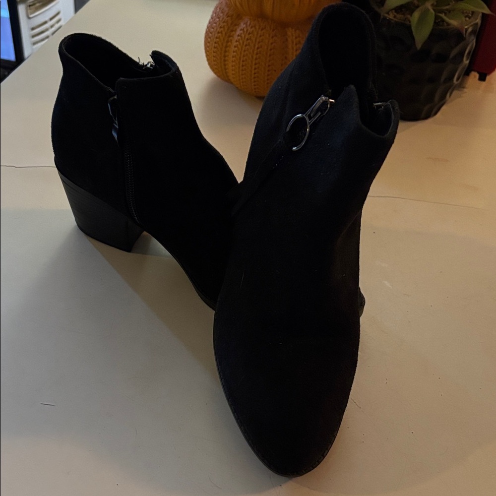 Black booties, size 7 1/2. Approximately 2 1/4 inch heel. WORN ONCE